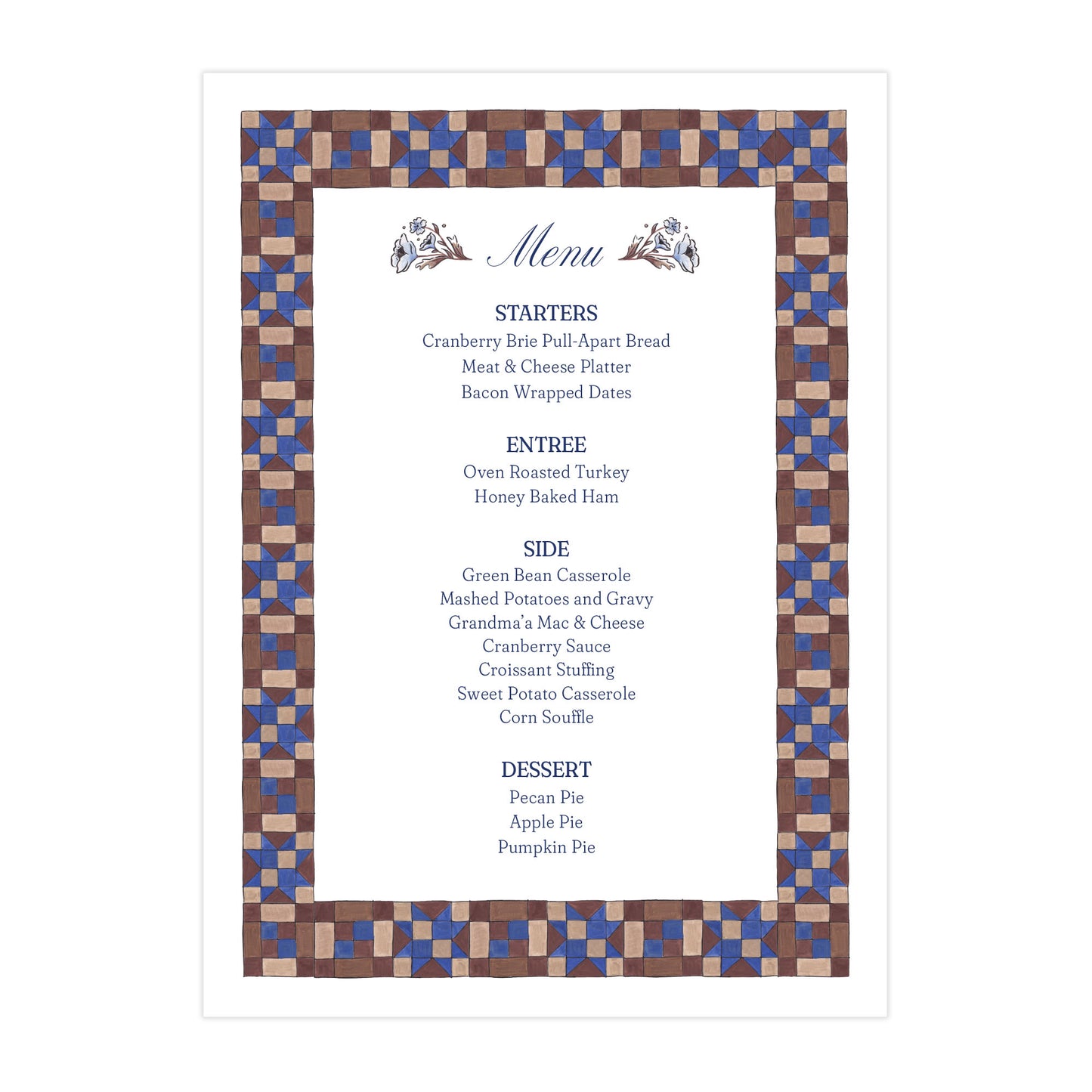 Cozy Quilt Collection Menu